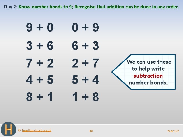 Day 2: Know number bonds to 9; Recognise that addition can be done in