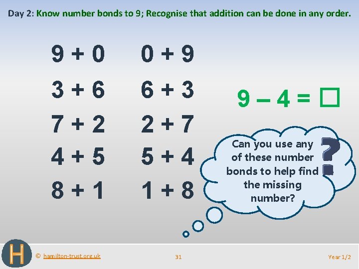 Day 2: Know number bonds to 9; Recognise that addition can be done in