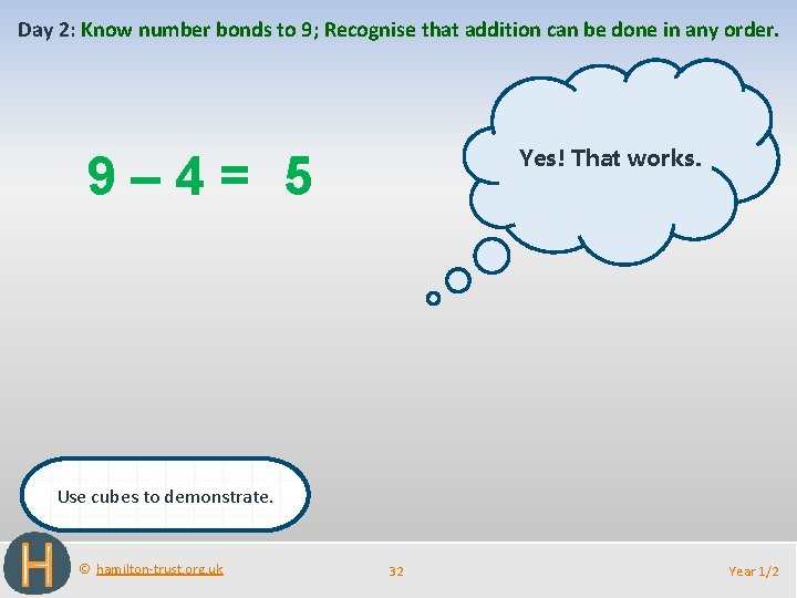 Day 2: Know number bonds to 9; Recognise that addition can be done in