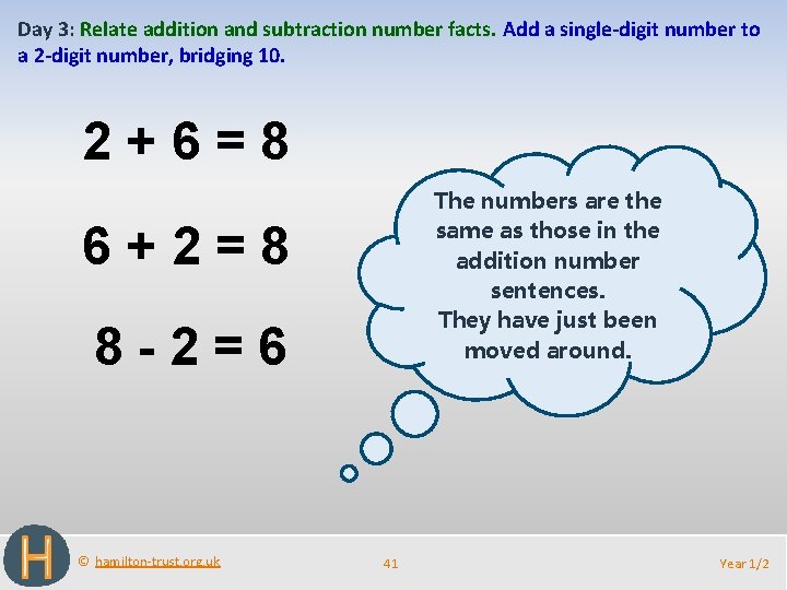 Day 3: Relate addition and subtraction number facts. Add a single-digit number to a