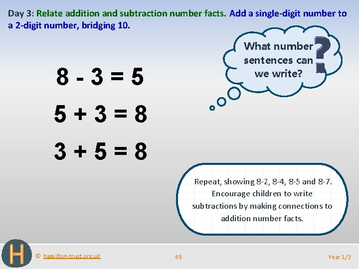 Day 3: Relate addition and subtraction number facts. Add a single-digit number to a