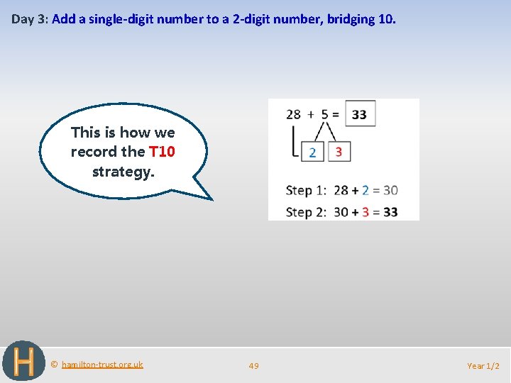 Day 3: Add a single-digit number to a 2 -digit number, bridging 10. This