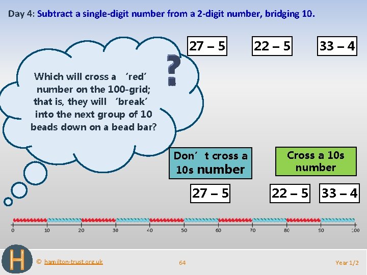 Day 4: Subtract a single-digit number from a 2 -digit number, bridging 10. 27