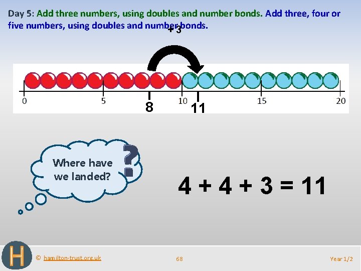 Day 5: Add three numbers, using doubles and number bonds. Add three, four or
