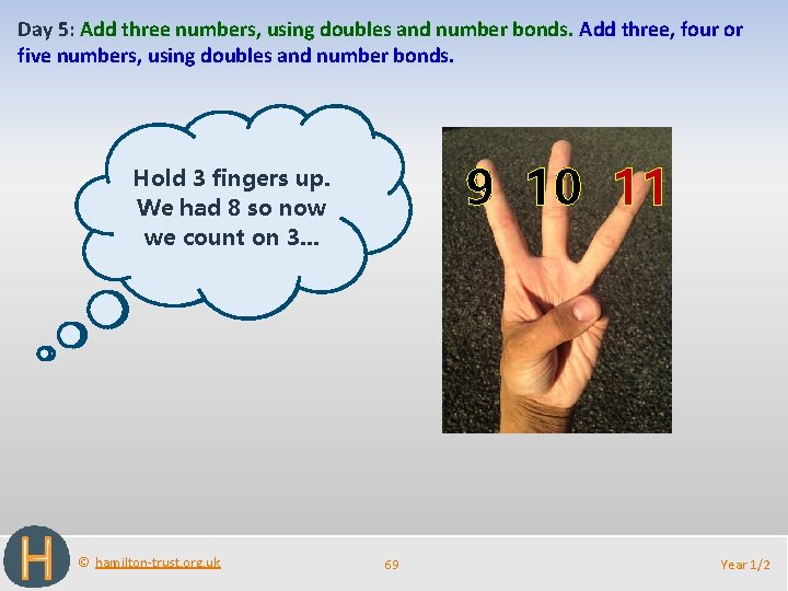 Day 5: Add three numbers, using doubles and number bonds. Add three, four or