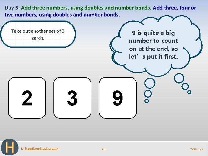 Day 5: Add three numbers, using doubles and number bonds. Add three, four or