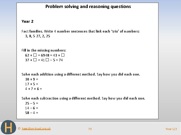 Problem solving and reasoning questions Year 2 Fact families. Write 4 number sentences that