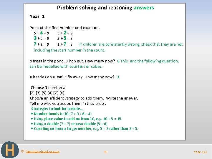 Problem solving and reasoning answers Year 1 Point at the first number and count