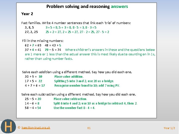 Problem solving and reasoning answers Year 2 Fact families. Write 4 number sentences that