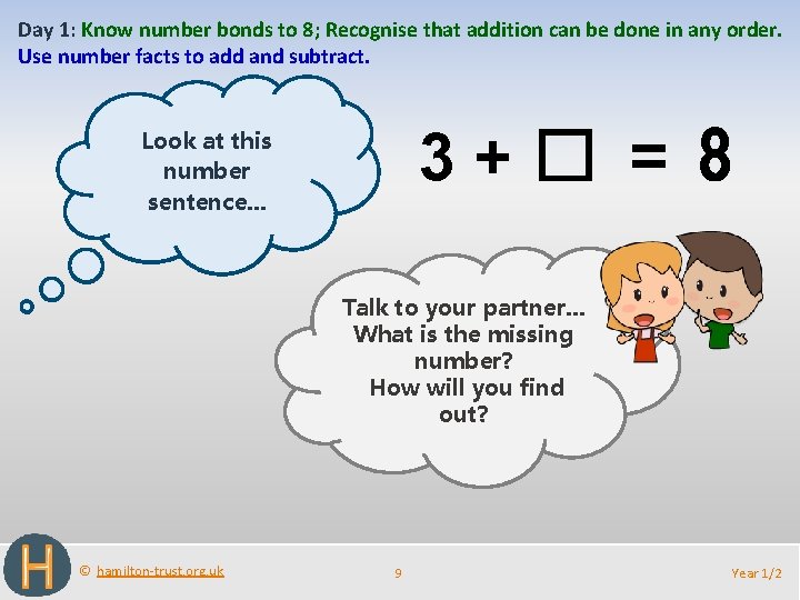 Day 1: Know number bonds to 8; Recognise that addition can be done in