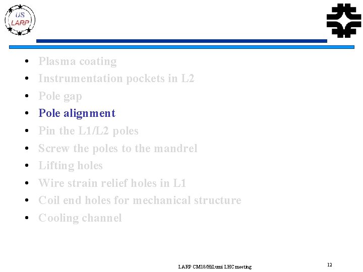  • • • Plasma coating Instrumentation pockets in L 2 Pole gap Pole