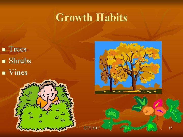 Growth Habits n n n Trees Shrubs Vines KRT-2010 17 