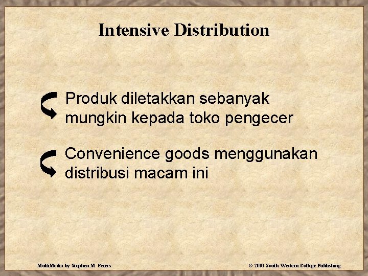 Intensive Distribution Produk diletakkan sebanyak mungkin kepada toko pengecer Convenience goods menggunakan distribusi macam