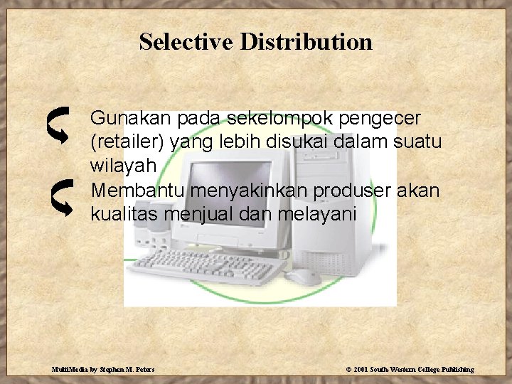Selective Distribution Gunakan pada sekelompok pengecer (retailer) yang lebih disukai dalam suatu wilayah Membantu