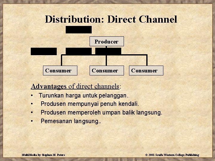 Distribution: Direct Channel Producer Consumer Advantages of direct channels: • Turunkan harga untuk pelanggan.
