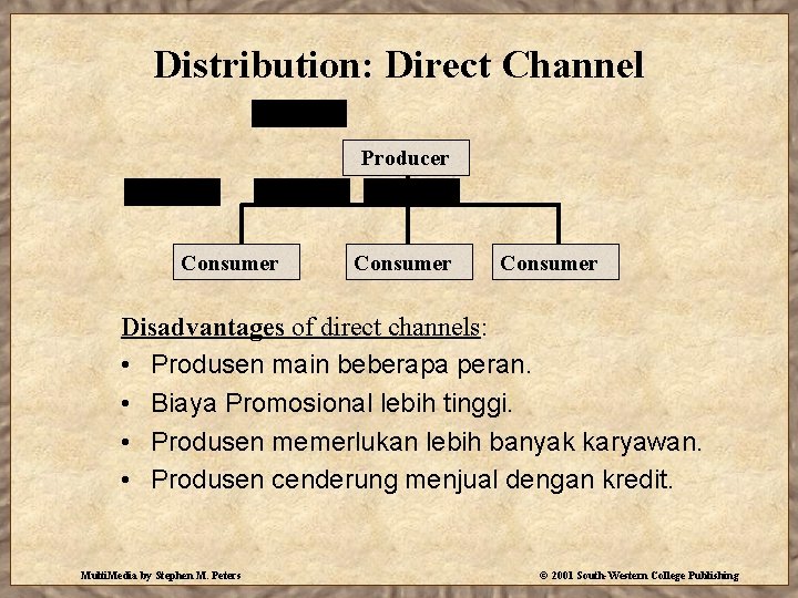 Distribution: Direct Channel Producer Consumer Disadvantages of direct channels: • Produsen main beberapa peran.