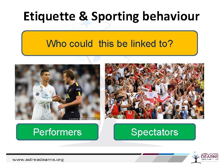 Etiquette & Sporting behaviour Who could this be linked to? Performers Spectators 