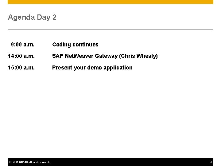 Agenda Day 2 9: 00 a. m. Coding continues 14: 00 a. m. SAP