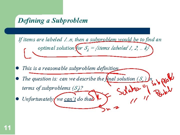 Defining a Subproblem If items are labeled 1. . n, then a subproblem would