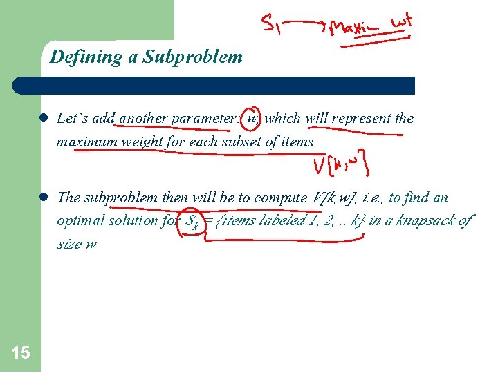 Defining a Subproblem l Let’s add another parameter: w, which will represent the maximum
