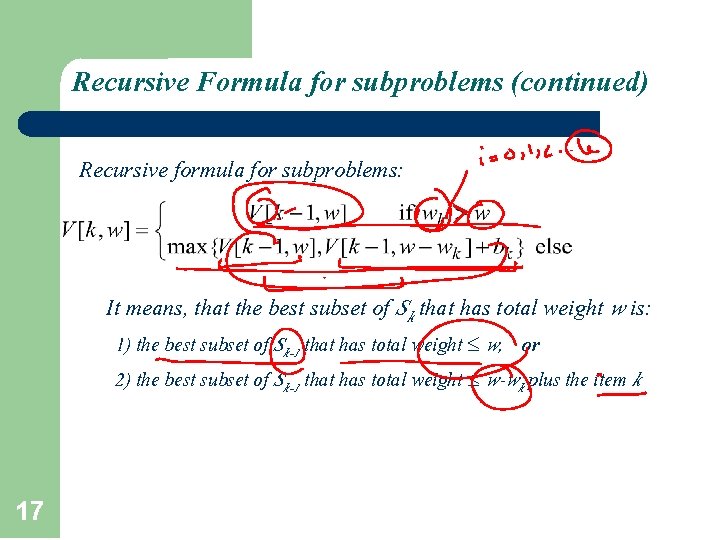 Recursive Formula for subproblems (continued) Recursive formula for subproblems: It means, that the best