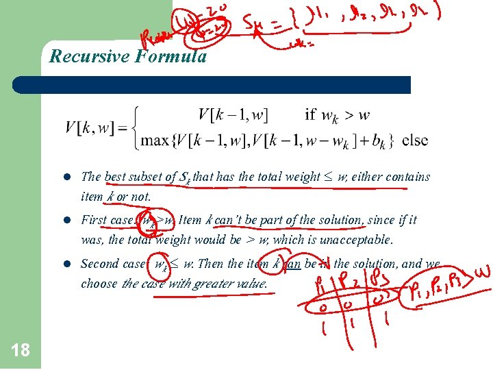Recursive Formula l l l 18 The best subset of Sk that has the