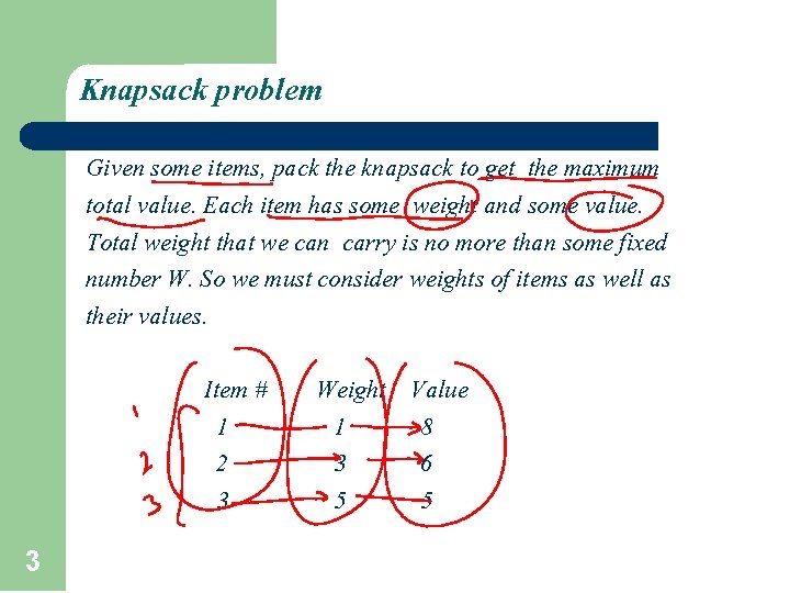 Knapsack problem Given some items, pack the knapsack to get the maximum total value.