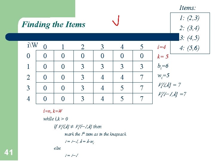 Finding the Items iW 0 1 2 3 4 0 0 0 1 0