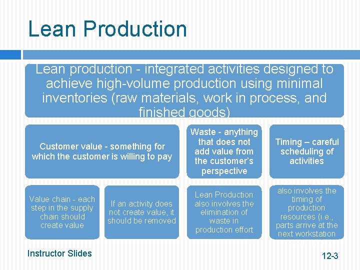 Lean Production Lean production - integrated activities designed to achieve high-volume production using minimal