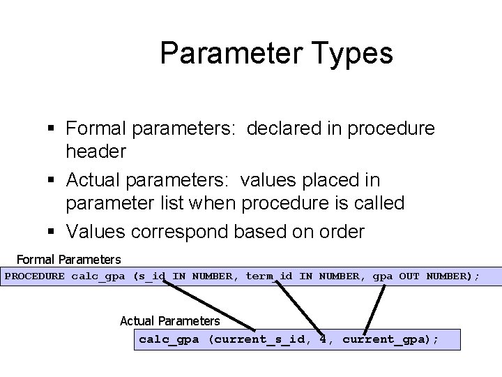 Parameter Types § Formal parameters: declared in procedure header § Actual parameters: values placed