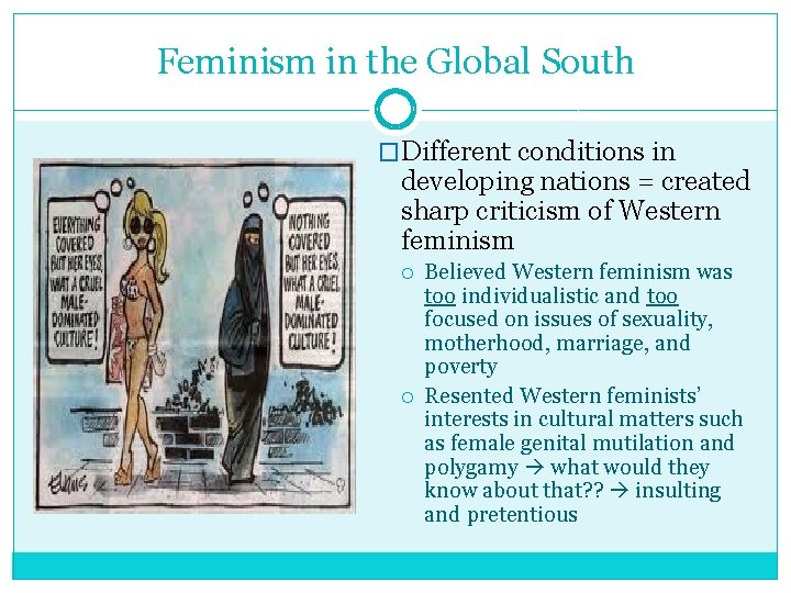 Feminism in the Global South �Different conditions in developing nations = created sharp criticism