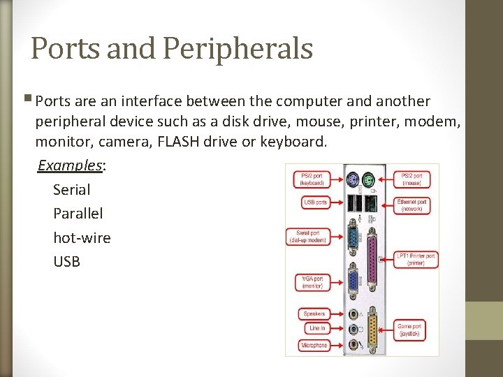 Ports and Peripherals § Ports are an interface between the computer and another peripheral