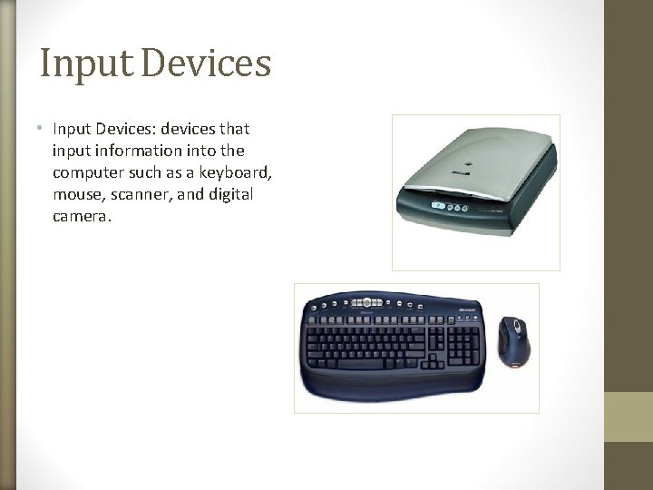 Input Devices • Input Devices: devices that input information into the computer such as