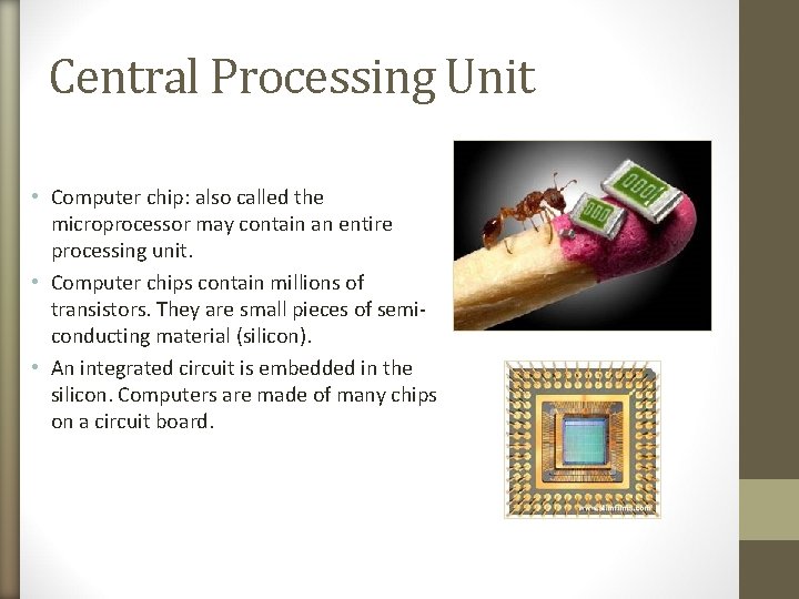 Central Processing Unit • Computer chip: also called the microprocessor may contain an entire