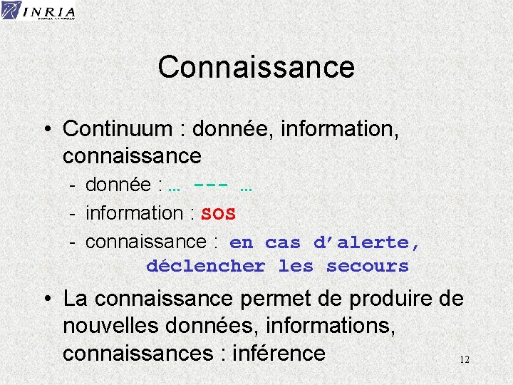 Connaissance • Continuum : donnée, information, connaissance - donnée : … --- … -