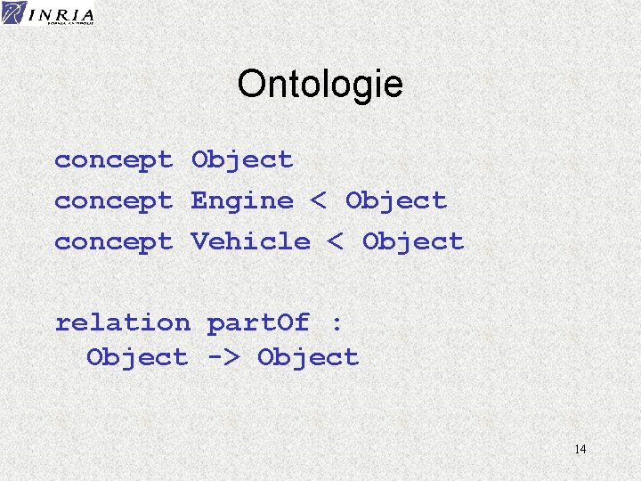 Ontologie concept Object concept Engine < Object concept Vehicle < Object relation part. Of