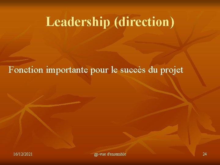 Leadership (direction) Fonction importante pour le succès du projet 16/12/2021 gp-vue d'ensemble 24 