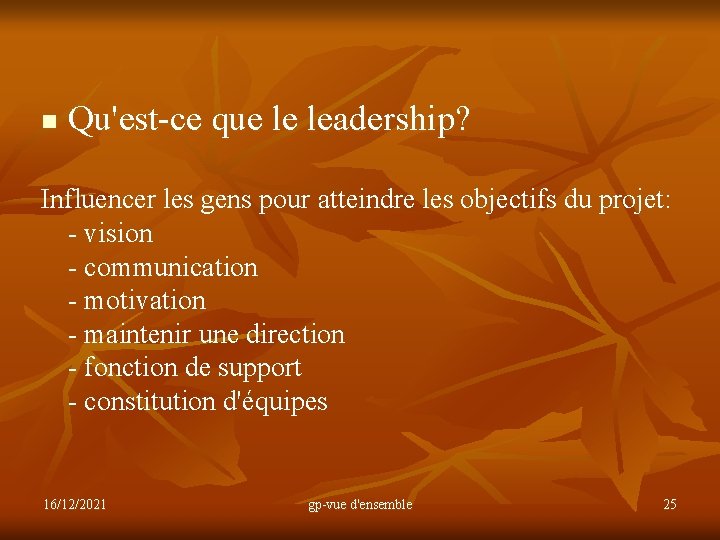 n Qu'est-ce que le leadership? Influencer les gens pour atteindre les objectifs du projet: