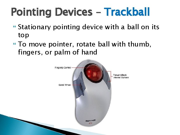 Pointing Devices – Trackball Stationary pointing device with a ball on its top To