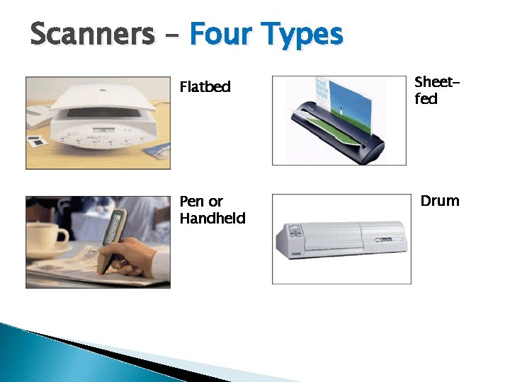 Scanners – Four Types Flatbed Pen or Handheld Sheetfed Drum 