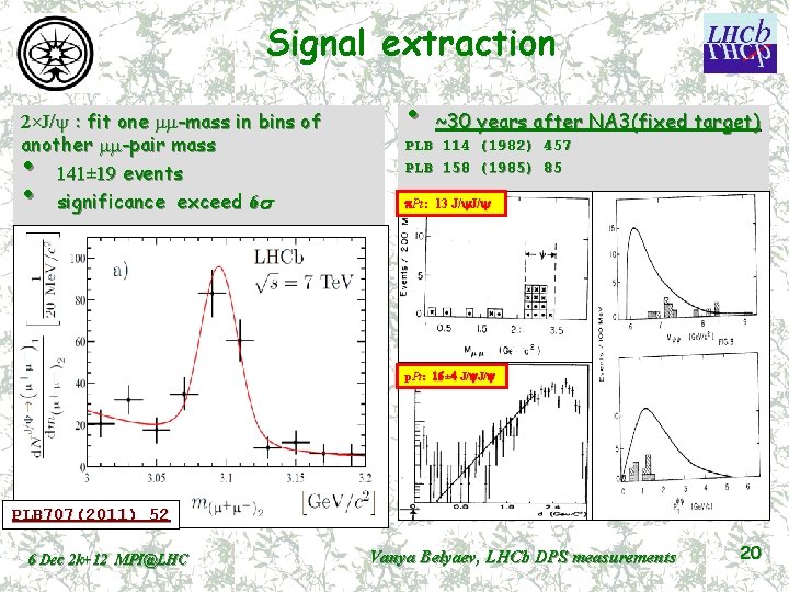 Signal extraction 2×J/y : fit one mm-mass in bins of another mm-pair mass 141±