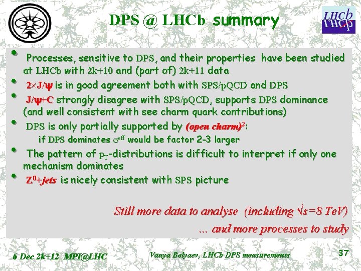 DPS @ LHCb summary • Processes, sensitive to DPS, and their properties have been