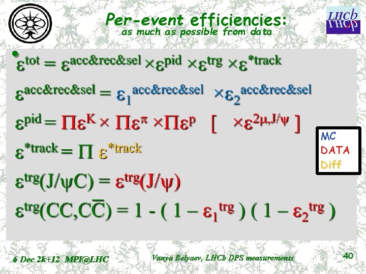 Per-event efficiencies: • as much as possible from data MC DATA Diff 6 Dec