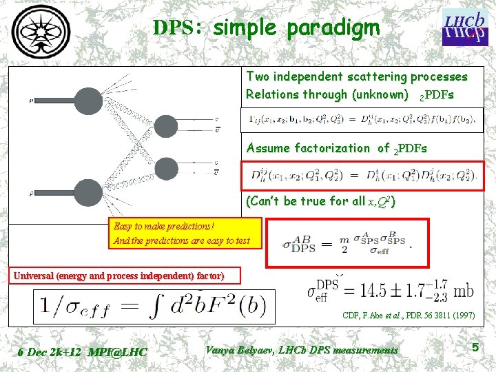 DPS: simple paradigm scatters Two independent scattering processes Relations through (unknown) 2 PDFs Assume