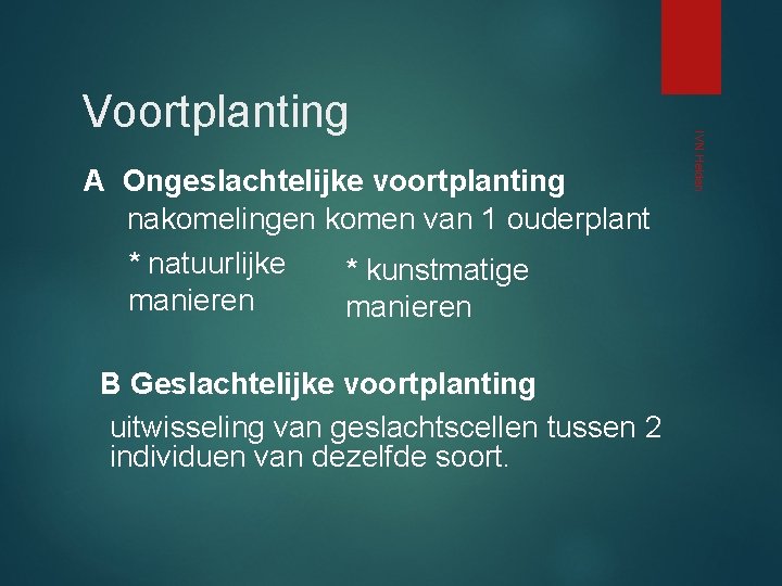 A Ongeslachtelijke voortplanting nakomelingen komen van 1 ouderplant * natuurlijke * kunstmatige manieren B