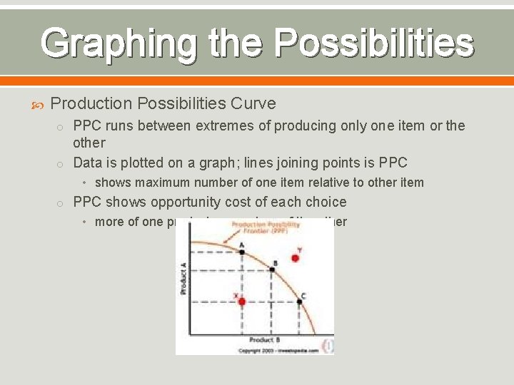 Graphing the Possibilities Production Possibilities Curve o PPC runs between extremes of producing only
