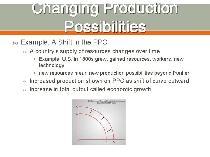 Changing Production Possibilities Example: A Shift in the PPC o A country’s supply of