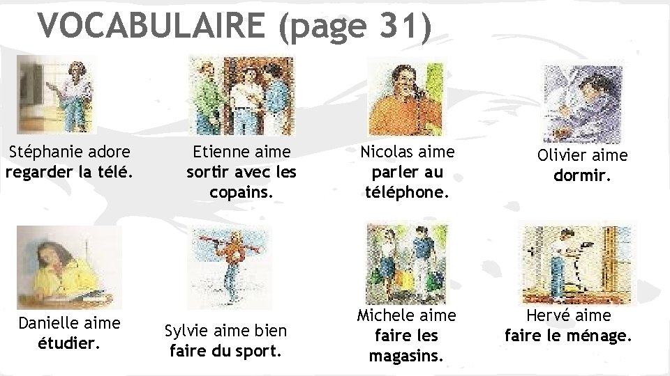 VOCABULAIRE (page 31) Stéphanie adore regarder la télé. Danielle aime étudier. Etienne aime sortir