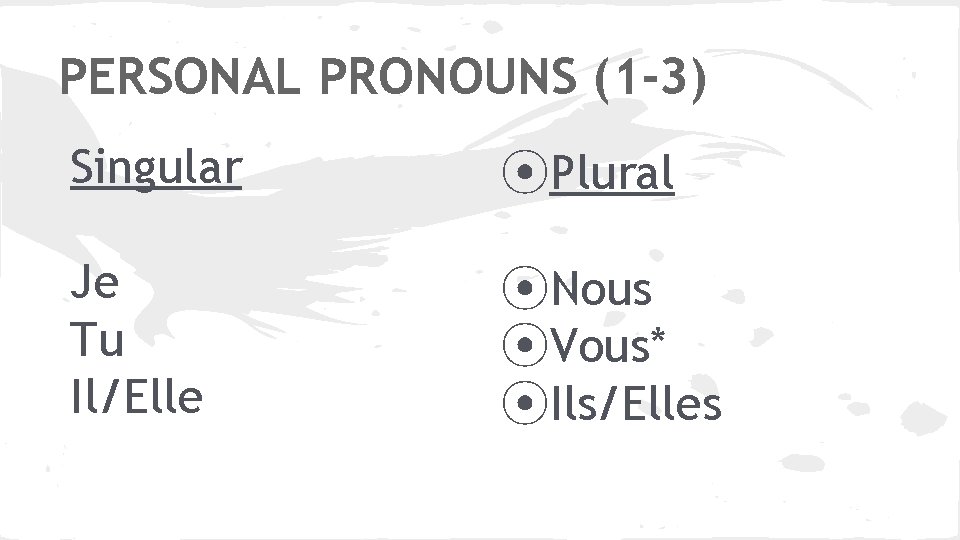 PERSONAL PRONOUNS (1 -3) Singular ⦿Plural Je Tu Il/Elle ⦿Nous ⦿Vous* ⦿Ils/Elles 