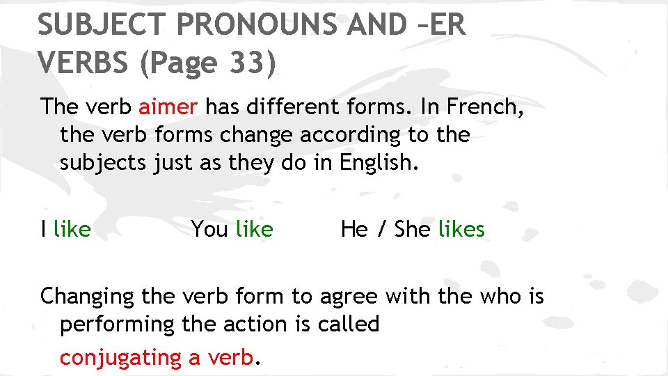 SUBJECT PRONOUNS AND –ER VERBS (Page 33) The verb aimer has different forms. In